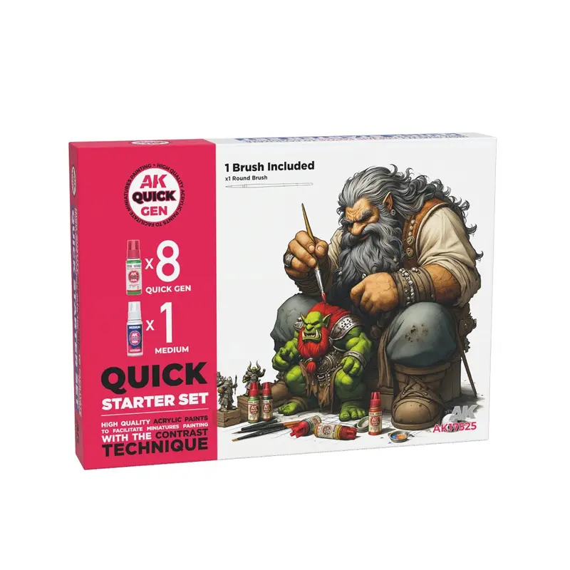 Ak Interactive 17525 Quick Gen Starter Set 8 Colours + 1 Medium + 1 Brush 1