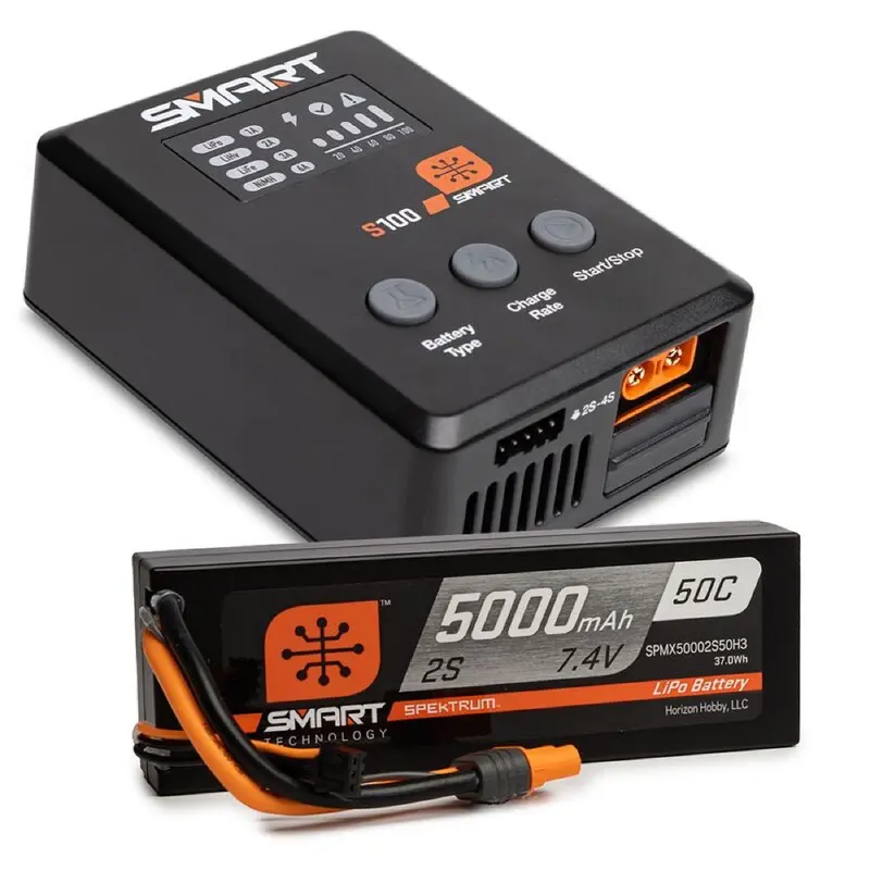 Spektrum Spmx-1031 Smart 5000Mah 2S 50C Ic3 Lipo Battery Powerstage Bundle With S100 Charger 1