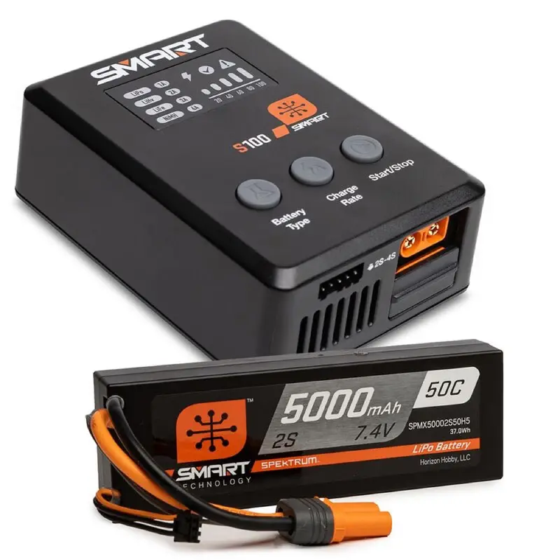 Spektrum Spmx-1032 Smart 5000Mah 2S 50C Ic5 Lipo Battery Powerstage Bundle With S100 Charger 1