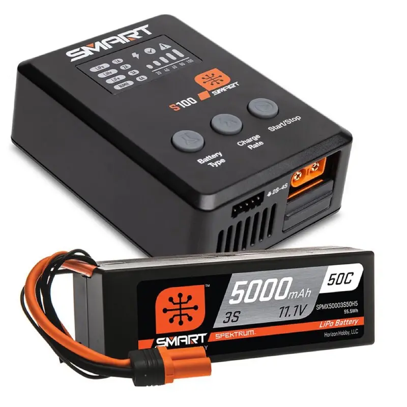Spektrum Spmx-1034 Smart 5000Mah 3S 50C Ic5 Lipo Battery Powerstage Bundle With S100 Charger 1