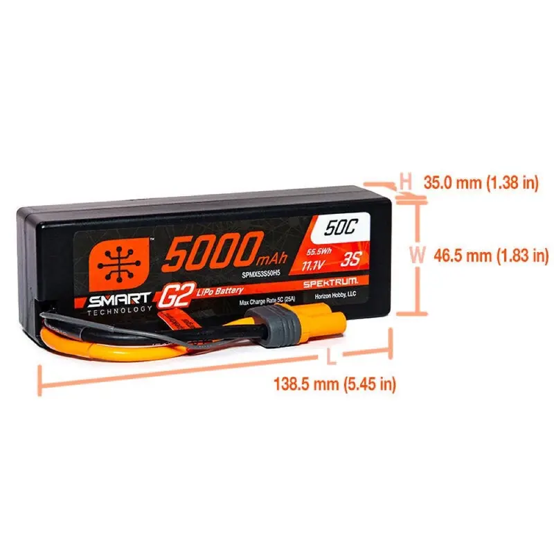 Spektrum Spmx53s50h5 5000Mah 3S 11.1V 50C Smart G2 Hard Case Lipo Battery With Ic5 Connector 2
