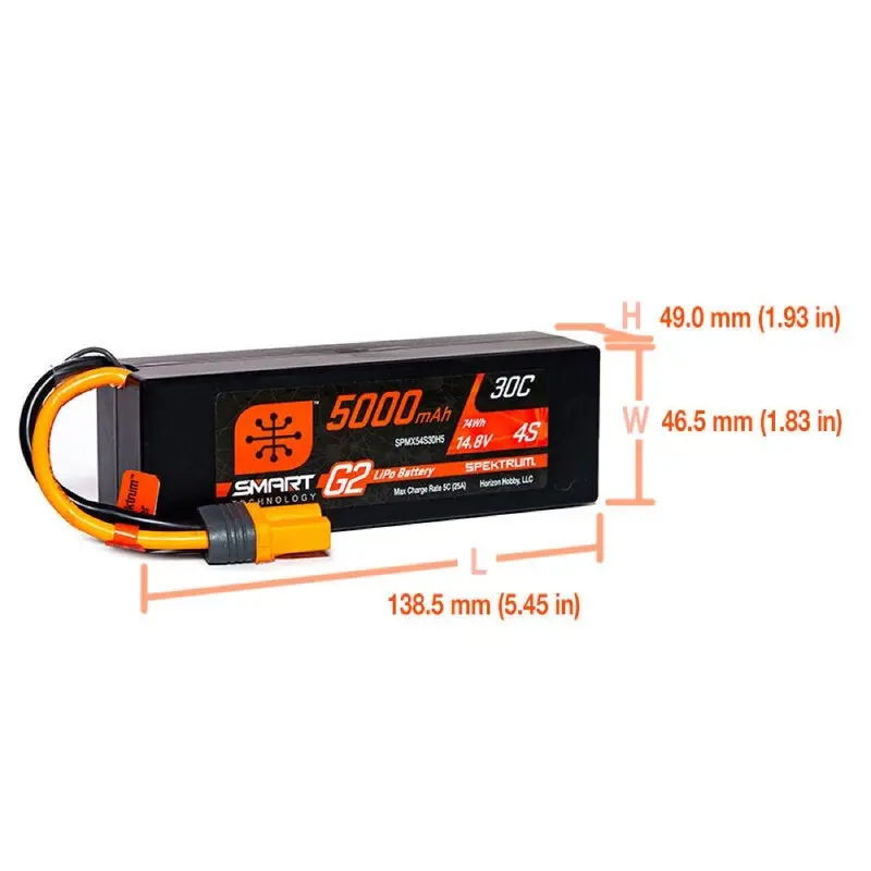 Spektrum Spmx54s30h5 5000Mah 4S 14.8V 30C Smart G2 Hard Case Lipo Battery With Ic5 Connector 2