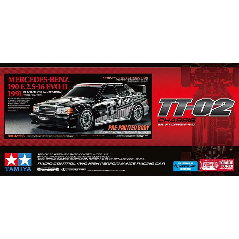 Tamiya 47525 1/10 1991 Mercedes-Benz 190 E 2.5-16 Evo Ii Rc Car Kit With Blasil Black/Silver Painted Body (Tt-02) 2