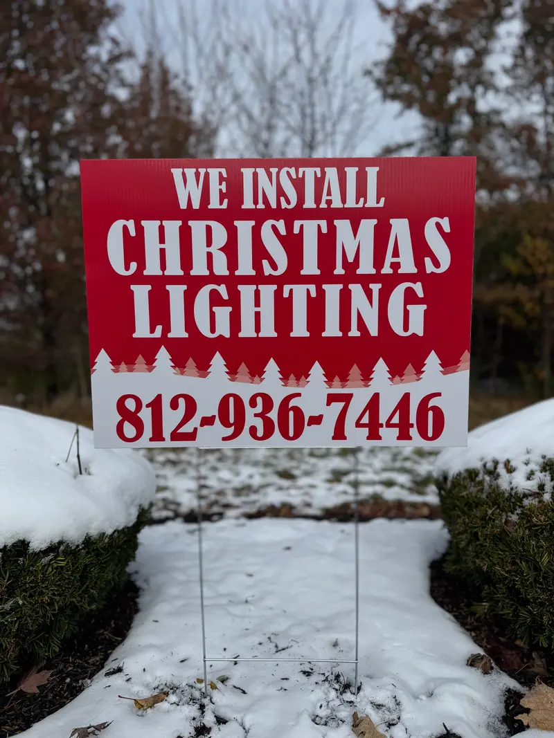 We Install Christmas Lighting Yard Sign – 24" × 18" Red & White Snowscape 1