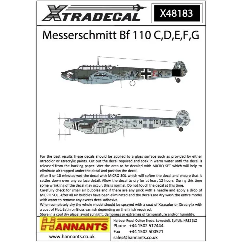 Xtradecal 48183 1/48 Messerschmitt Bf-110 C, D, E, F, And G 1