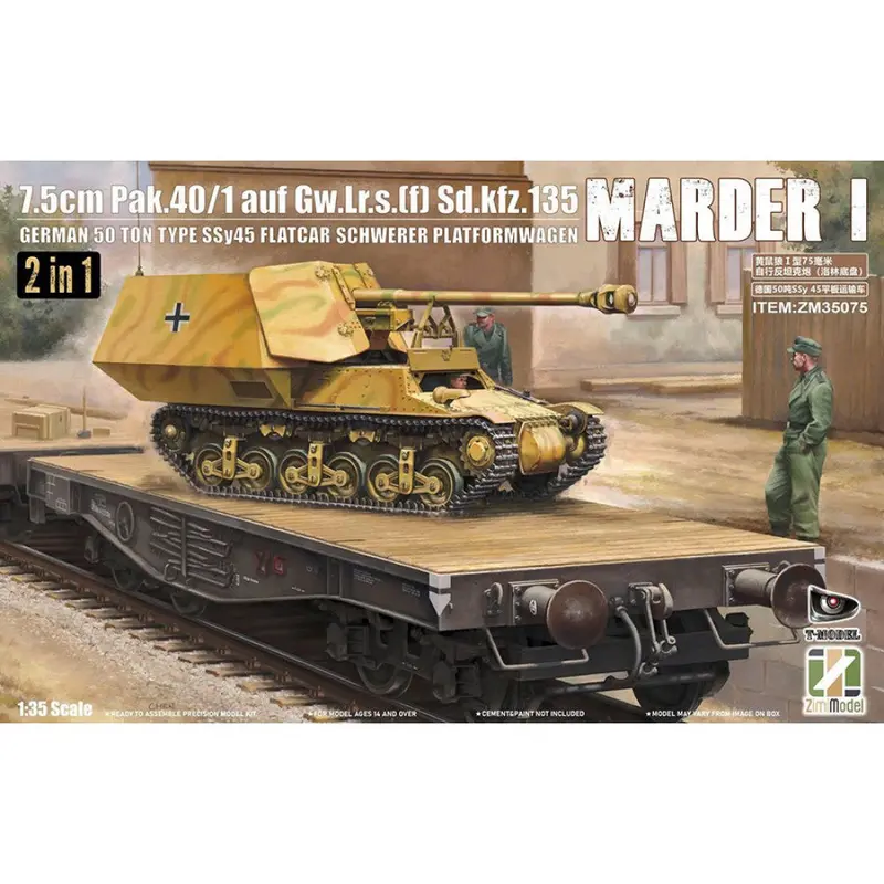 Zimi Model 35075 1/35 7.5Cm Pak.40/1 Auf. Gw.Lr.S.(F) Sd.Kfz.135 Marder German 50 Ton Type Ssy45 Flatcar Schwerer Platformwagen 1