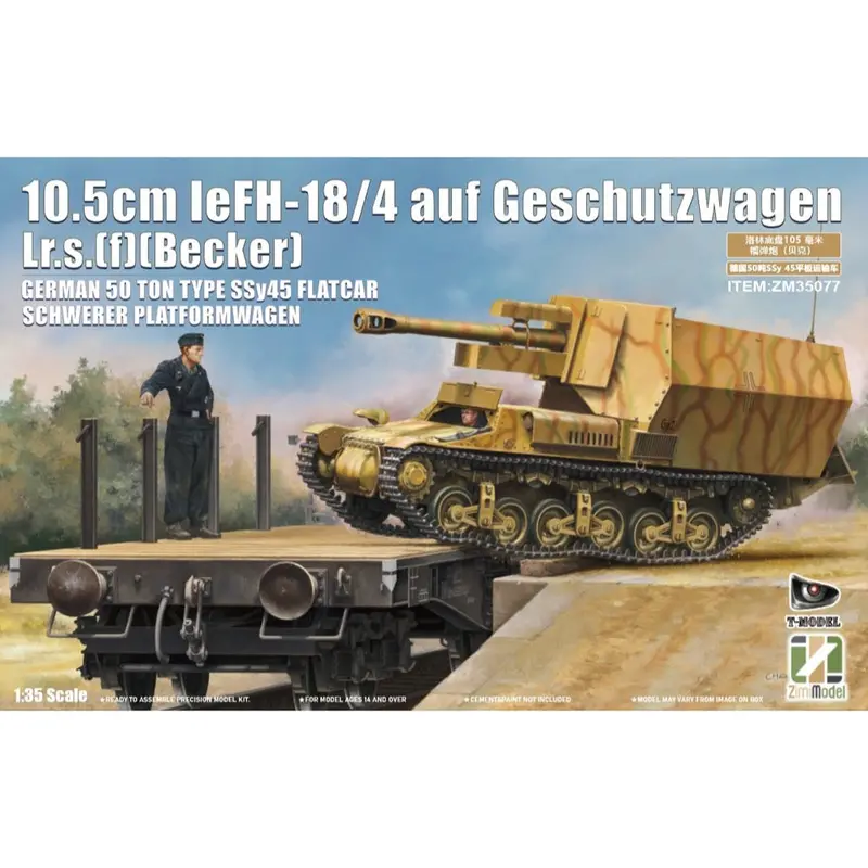 Zimi Model 35077 1/35 10.5Cm Scale Lefh-18/4 Auf Geschutzwagen Lrs.[F][Becker] German 50-Ton Type Ssy45 Flatcar Schwerer Platformwagen 1